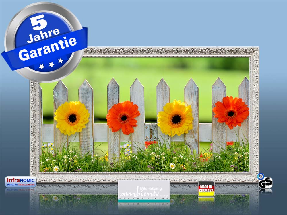 infrarot bildheizung mit Stilrahmen, motiv Blumenzaun