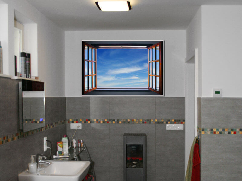 bildheizung im Bad 500 watt, motiv geoeffnetes fenster mit alurahmen m10 im format 90x60 cm
